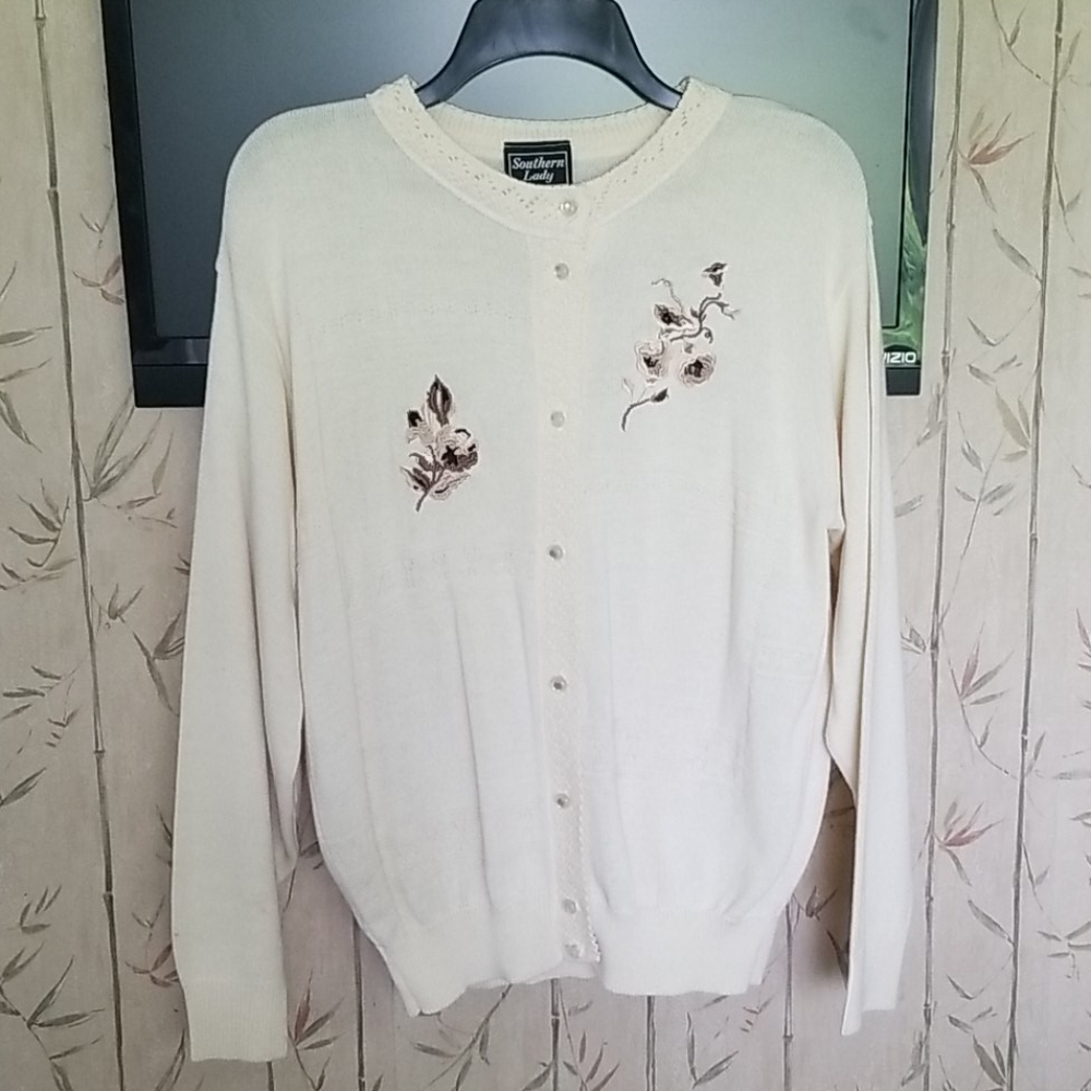 Southern Lady Vintage Knit Cardigan Sweater Cream Floral Embroidered Size Large